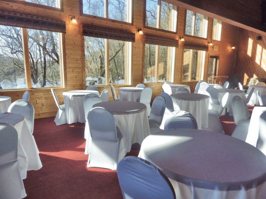 Clubhouse with table and chair coverings