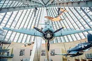 Vintage fighter aircraft hanging from ceiling at Marine Corps Museum
