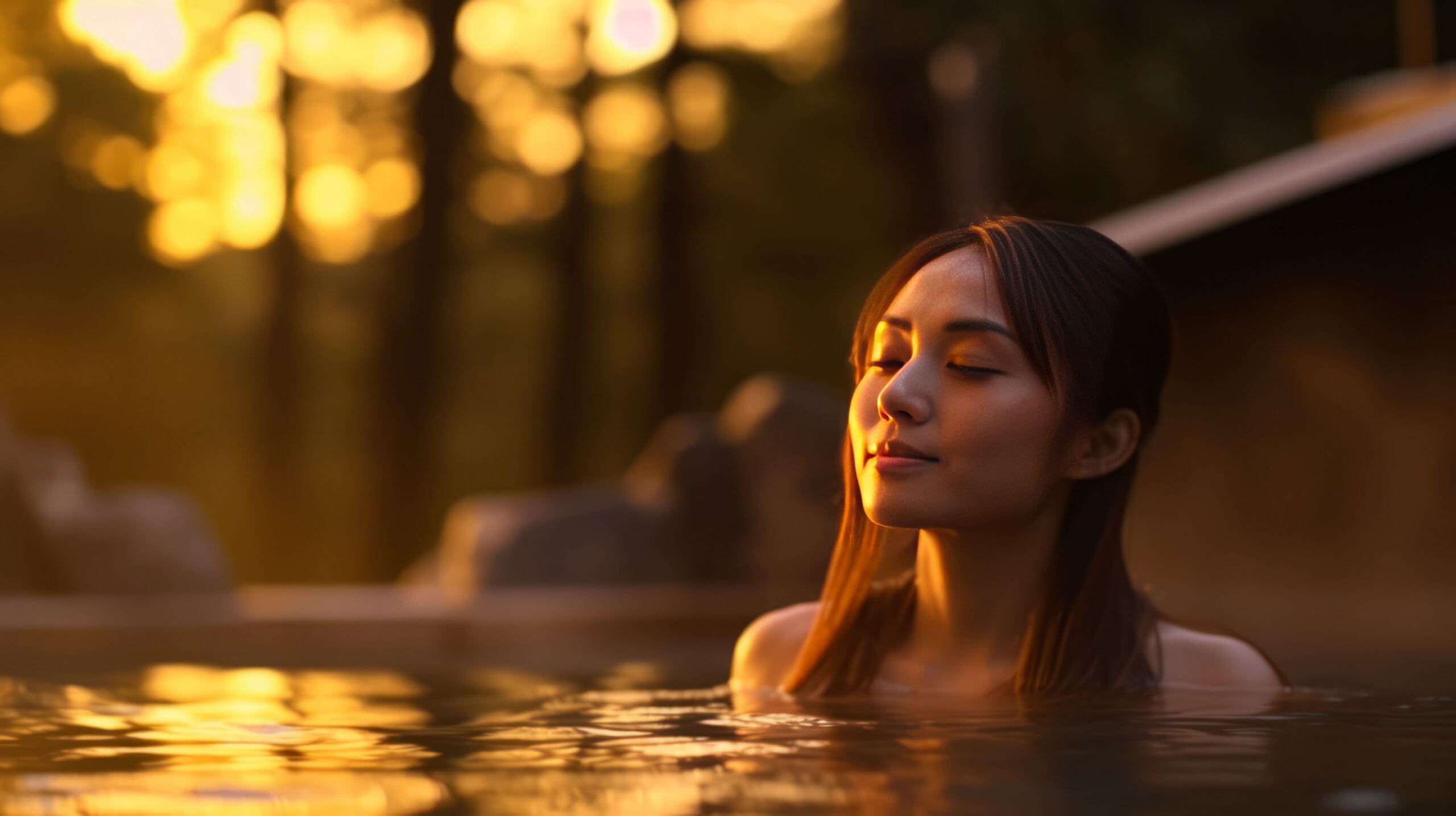 Woman relaxing alone in a private hot tub, eyes closed